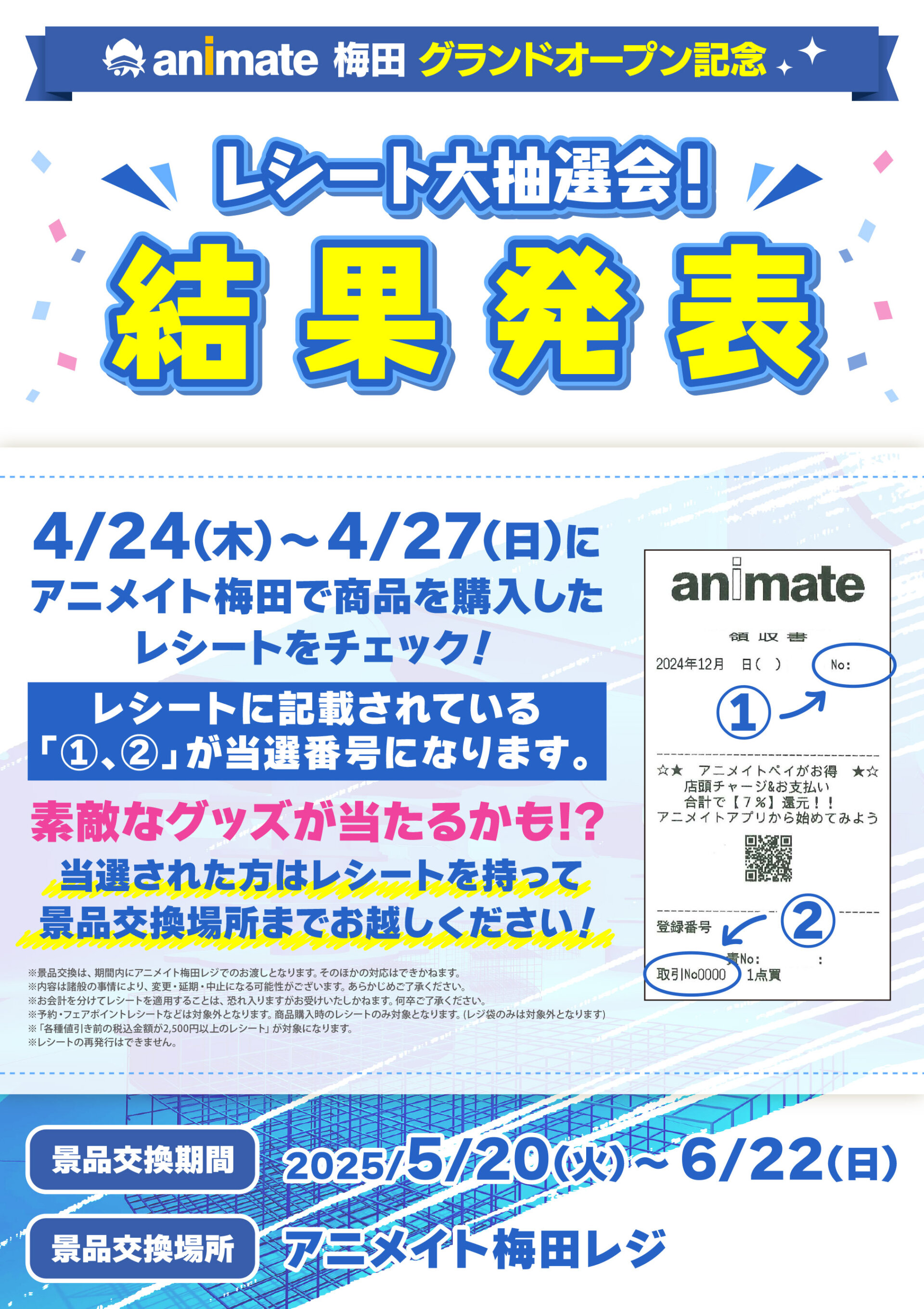 「アニメイト梅田」グランドオープン記念キャンペーン「レシート大抽選会!」結果発表!!
